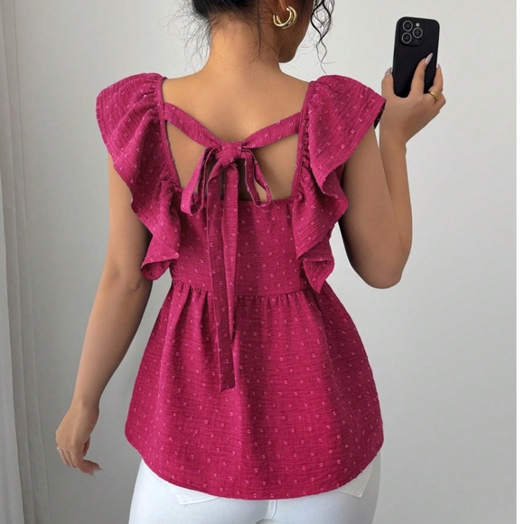 Boho Swiss Dot Ruffle Sleeve Babydoll Blouse - Picture 2 of 6